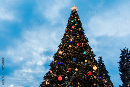 Fotografie Large Christmas tree decorated with colorful ornaments under a blue sky in a par