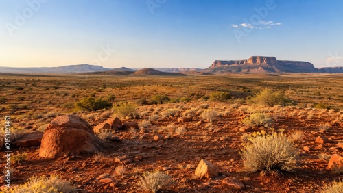 Expansive red desert landscape with distant flat-topped mesas, rocky foreground and scrub under a clear blue sky at warm golden light