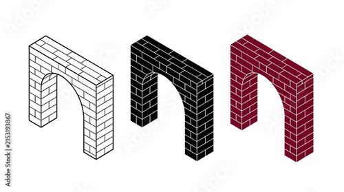 Photography Set of three isometric brick archways in different styles, isolated on white bac