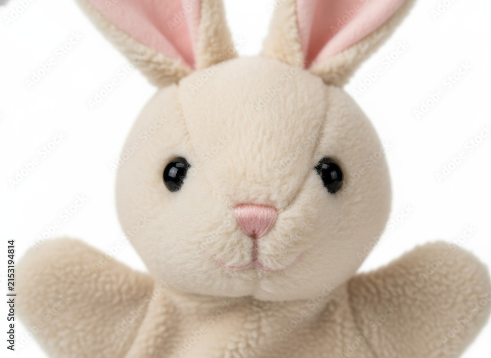 Fototapeta premium Close-up Portrait of a Soft Beige Plush Rabbit Toy Isolated on White Background