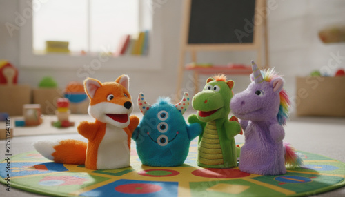Group of Colorful Animal Hand Puppets Standing on a Playroom Rug