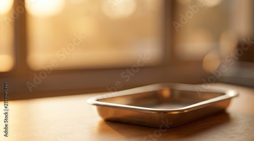 Empty Metal Baking Pan on Wooden Table with Soft Sunlight