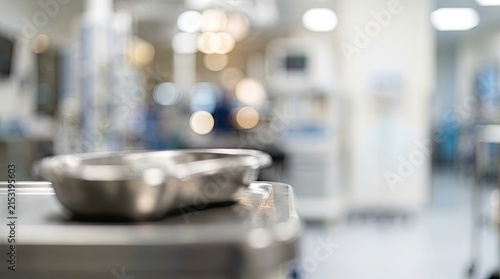 Bright, blurred medical background with bokeh lights and a sterile operating room environment.