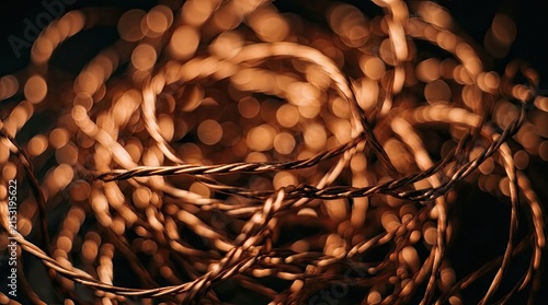 Close-up abstract bokeh of copper wire with warm glow and soft focus