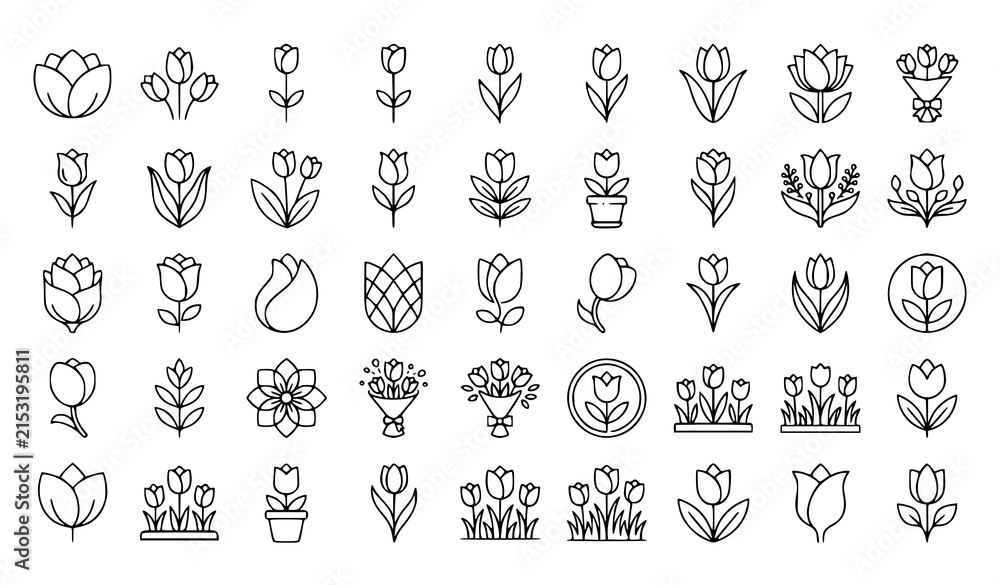 Obraz premium Collection of Decorative Flower and Botanical Plant Outline Icons Different Floral Designs Vector Illustration Set