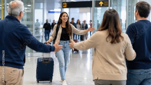 Young woman arriving at airport, smiling and approaching family with open arms and suitcase for a warm reunion