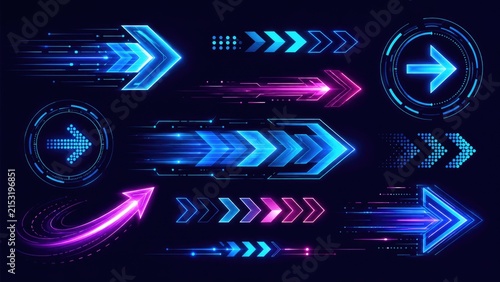 Glowing neon arrow icons and motion trails in blue and pink, futuristic HUD-style directional elements on a dark tech background