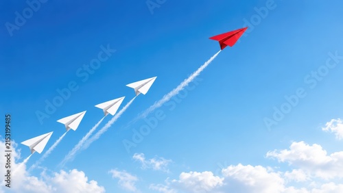 Red paper airplane leads three white paper planes upward through blue sky and clouds, visual metaphor for leadership, standing out, progress, and innovation
