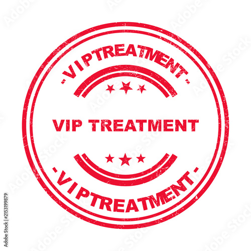 Red round rubber stamp with vip treatment text for exclusive customer service and luxury events isolated on transparent background