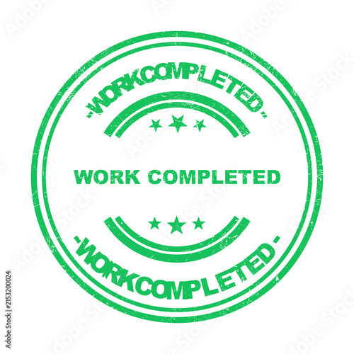 Green circular rubber stamp with the text work completed for business and office document use isolated on transparent background