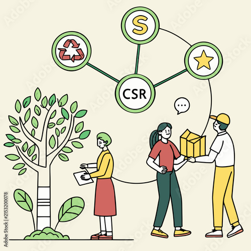 Corporate social responsibility network diagram with team sustainability business teamwork