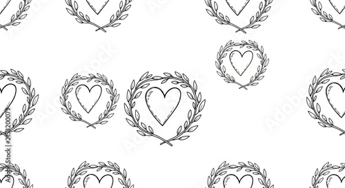 Hand-drawn heart wreath seamless pattern vector illustration
