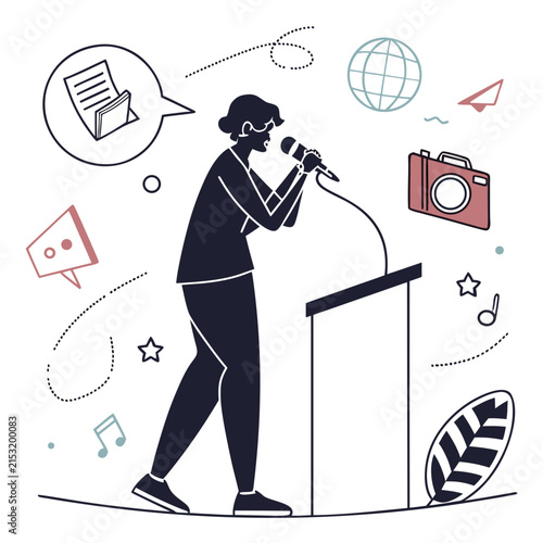 Person speaking at podium with media and global icons microphone presentation conference