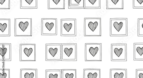 Hand-drawn hearts in boxes pattern, minimalist sketch wallpaper