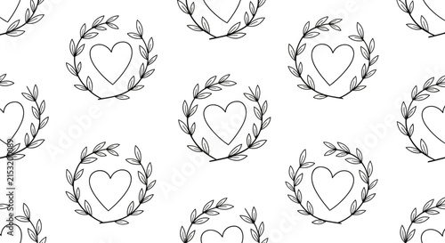 Hand-drawn heart wreath seamless pattern, romantic, love, minimalist doodle