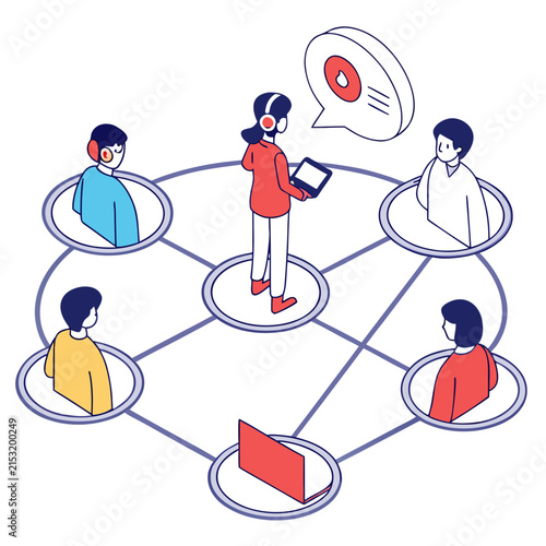 Isometric team collaboration and digital communication network illustration with collaboration