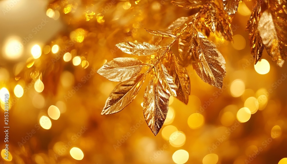 Obraz premium Glistening gold leaves with elegant bokeh lights create a stunning festive winter background.