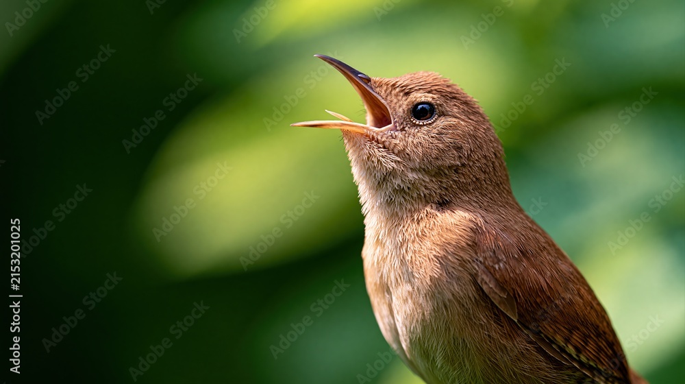 Obraz premium Small brown wren bird singing with open beak in nature