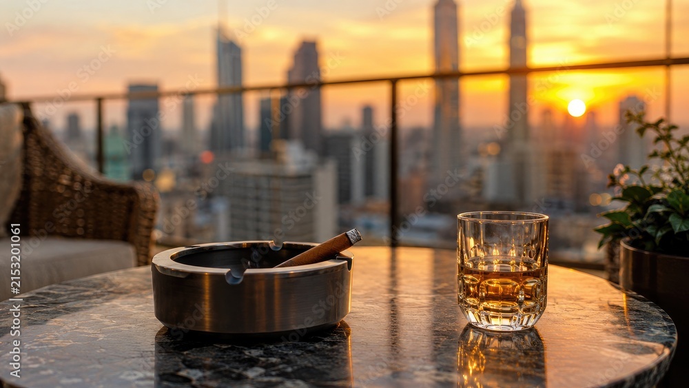 Fototapeta premium Whiskey in a rocks glass and a cigar in an ashtray on a marble table at a rooftop terrace with city skyline at sunset