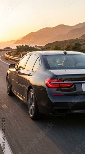 Gray sedan on a winding mountain road at sunset