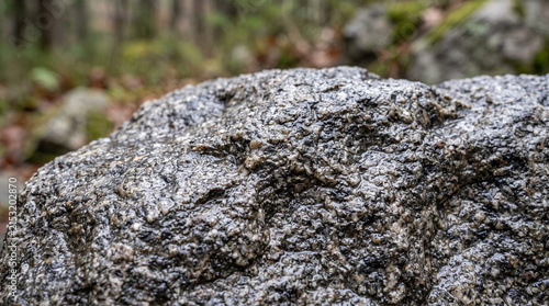 A close-up view shows the rough and weathered texture of a grey granite rock outdoors.