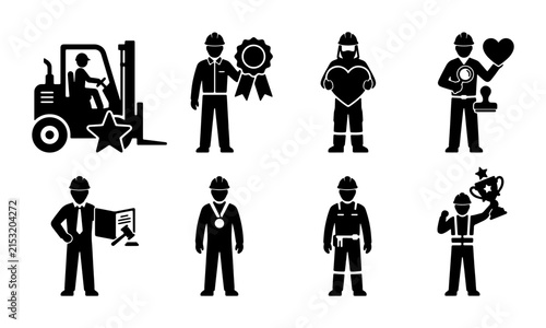 Industrial Worker Achievement Icons, Construction Safety Symbols, Logistics Excellence Graphics, Quality Assurance Badges, Teamwork Recognition Pictograms, 8-Piece Vector Set