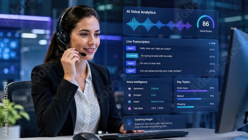 Customer service agent wearing a headset at a computer with an AI voice analytics dashboard showing live transcription, voice score, sentiment and performance metrics