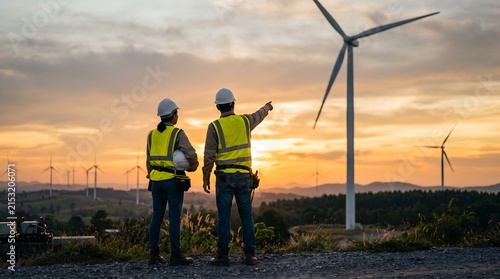 Two engineers wearing hard hats and safety vests standing at a wind farm at sunset, looking and pointing at a wind turbine