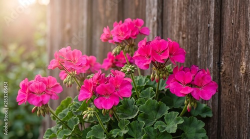 Vibrant pink geranium flowers in full bloom against a rustic wooden fence, capturing the warm glow of sunlight in a garden setting