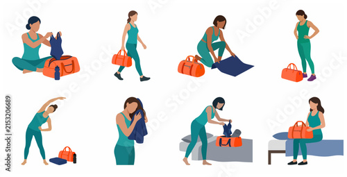 Women preparing for workout and gym routine illustration set. Flat vector characters packing sports bags, stretching, and getting ready for exercise.