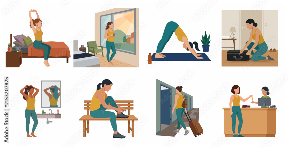 Fototapeta premium Set of vector illustrations showing a woman's daily routine including waking up, yoga, packing, and hotel check-in