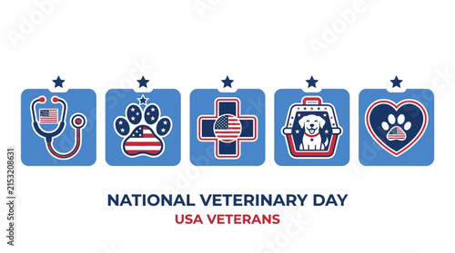 USA Patriotic Veterinary Icon Set Celebrating National Veterinary Day and Honoring Service Animals and Veterans