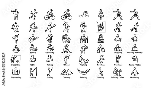 36 Diverse People Doing Everyday Activities Minimal Line Vector Collection