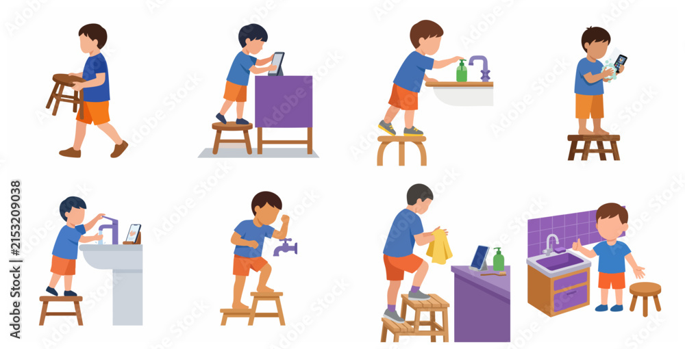 Fototapeta premium Little boy using a step stool for hygiene and daily activities vector illustration set