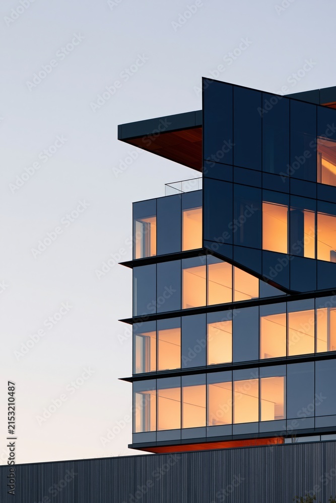 Fototapeta premium Modern glass corner office building at dusk with warm interior lights for architectural background and wallpaper design