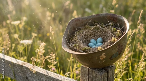 Bird nest with eggs inside military helmet