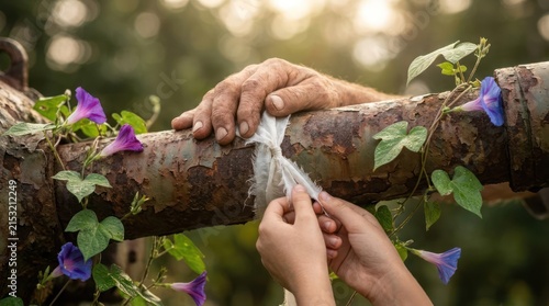 Hands bandaging a tree branch with purple flowers.