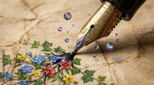 Fountain pen tip drawing colorful flowers on vintage paper.