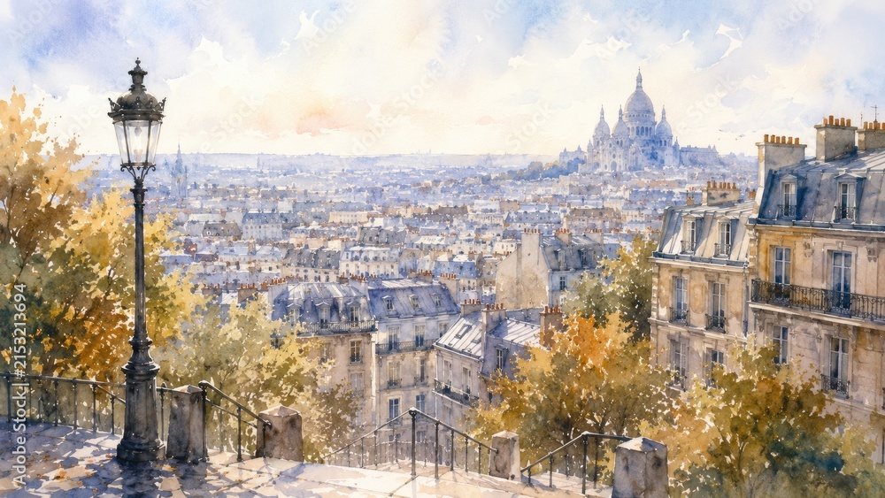 Fototapeta premium Watercolor cityscape from a hillside staircase overlooking rooftops, lamppost and distant domed basilica under a soft pastel sky at golden autumn light