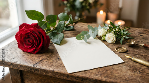 Red rose and white flowers on wedding invitation
