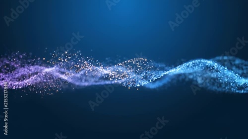 Glowing blue particle wave over dark background.