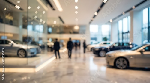 blurred luxury car showroom interior with modern sedans, polished marble floors, silhouettes of salespeople, and bright architectural lighting.