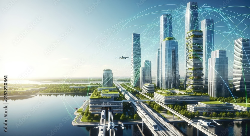 Fototapeta premium Futuristic urban landscape featuring glowing digital data networks, sustainable architecture, green roofs and advanced transit connectivity, eco-friendly, sustainable, urban planning