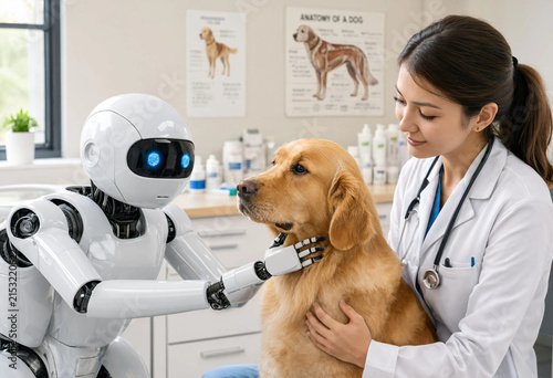 Female veterinarian in a white lab coat petting a dog during a routine health checkup in a modern veterinary medical clinic.