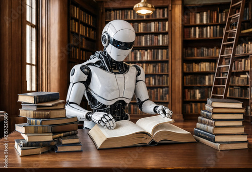 Smart reading robot sitting at a study table reading a book in an archive room equipped with AI knowledge management systems.