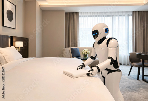 Housekeeping robot sitting on a neatly made bed in a modern luxury hotel suite room assisting with room preparation services.