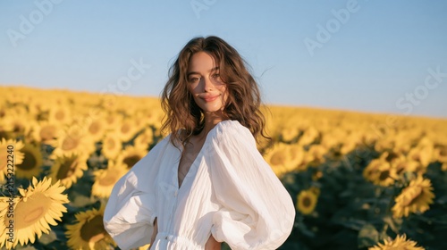 Young woman in white flowing dress in a sunflower field natural summer portrait for background and banner design