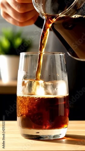 Pouring dark coffee over ice in clear glass.