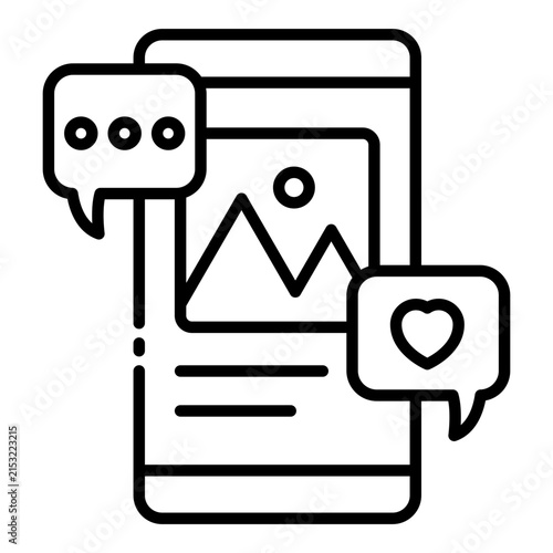 social media post icon. phone screen with photo and chat. share update online