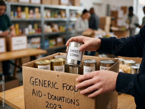 Volunteer organizing canned goods inside generic food aid donation box